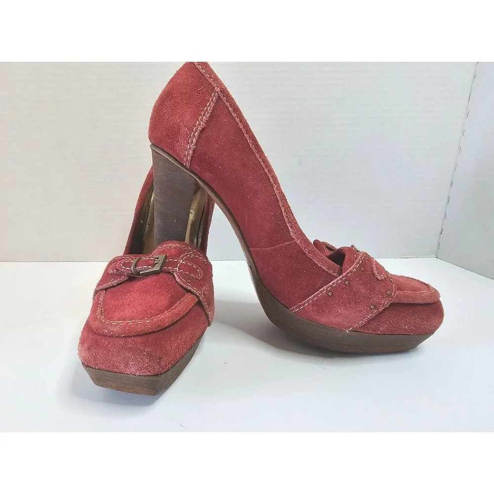 Schutz Camurcao Rouge Red Suede Platform Heels Loafer Style Chunky Heel SZ 7.5